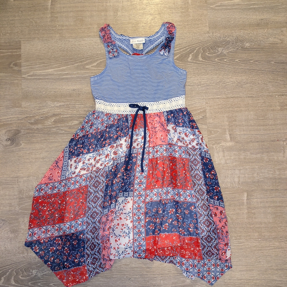 Jona Michelle Blue and Red Asymmetrical Tiered Sundress